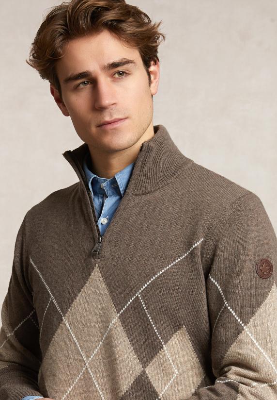 River Woods Custom Fit Wol-kasjmier Argyle Trui Halve Rits Hazel Mix