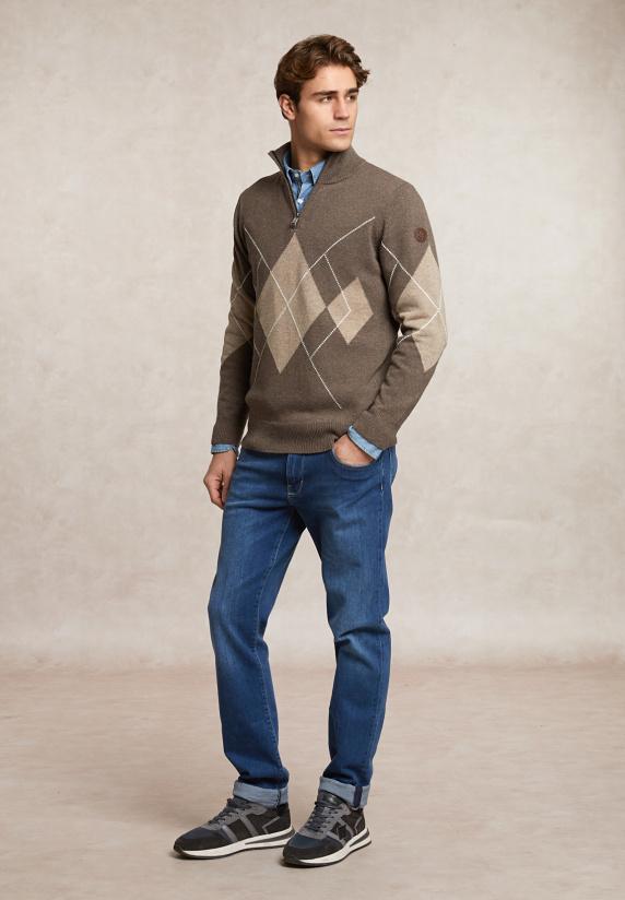 River Woods Custom Fit Wol-kasjmier Argyle Trui Halve Rits Hazel Mix