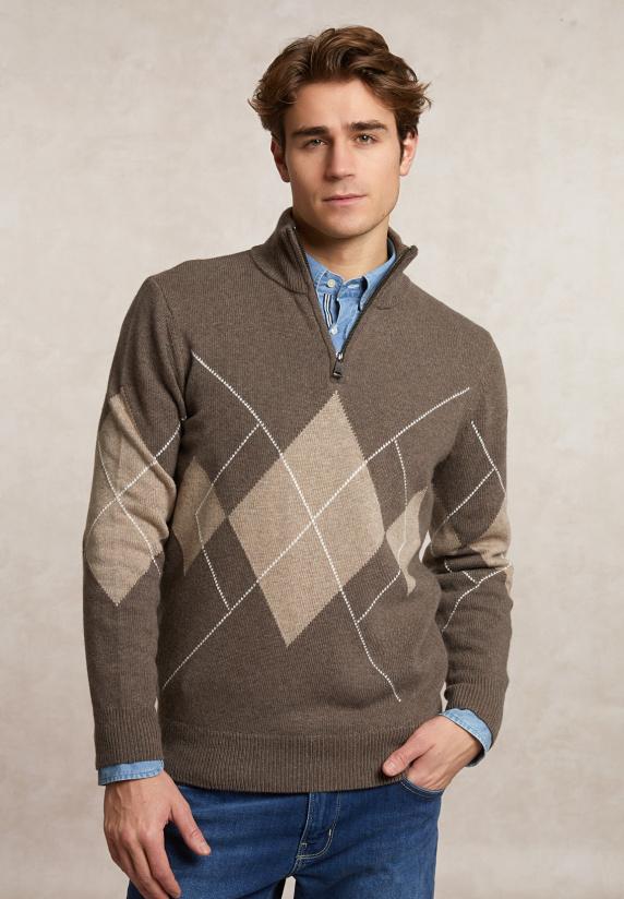 river woods Custom fit wol-kasjmier argyle trui halve rits hazel mix