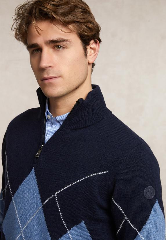 River Woods Custom Fit Wol-kasjmier Argyle Trui Halve Rits Navy/night Sky Mix
