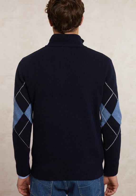 River Woods Custom Fit Wol-kasjmier Argyle Trui Halve Rits Navy/night Sky Mix