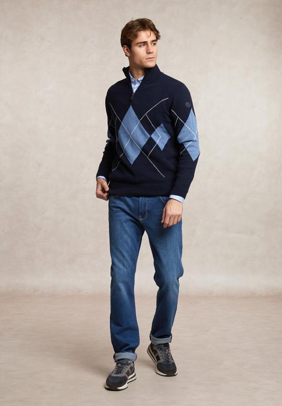 River Woods Custom Fit Wol-kasjmier Argyle Trui Halve Rits Navy/night Sky Mix