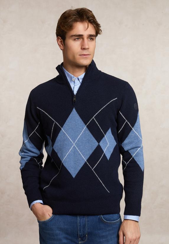 river woods Custom fit wol-kasjmier argyle trui halve rits navy/night sky mix