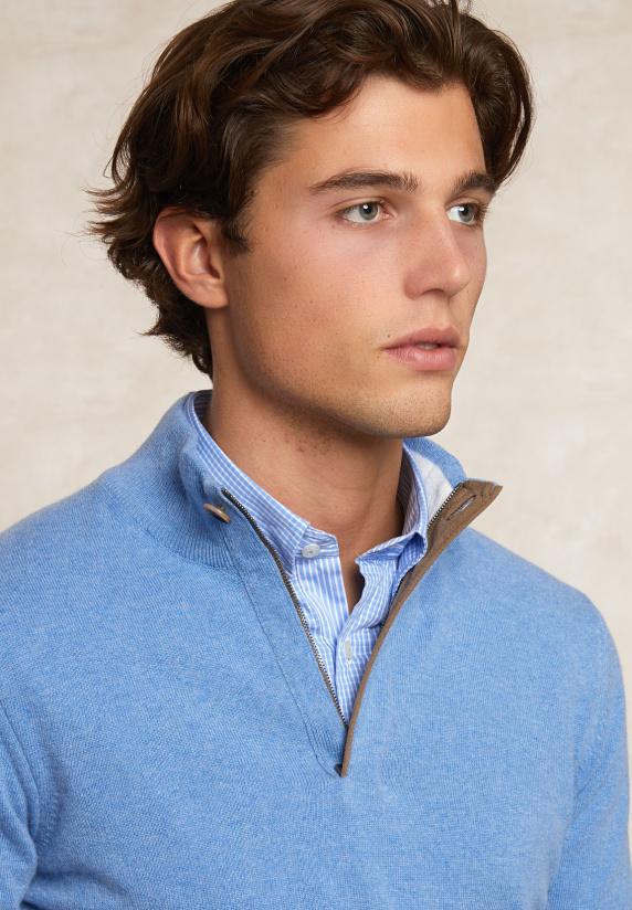 River Woods Custom Fit Wol-kasjmier Trui Opstaande Kraag Alpine Blue Mix