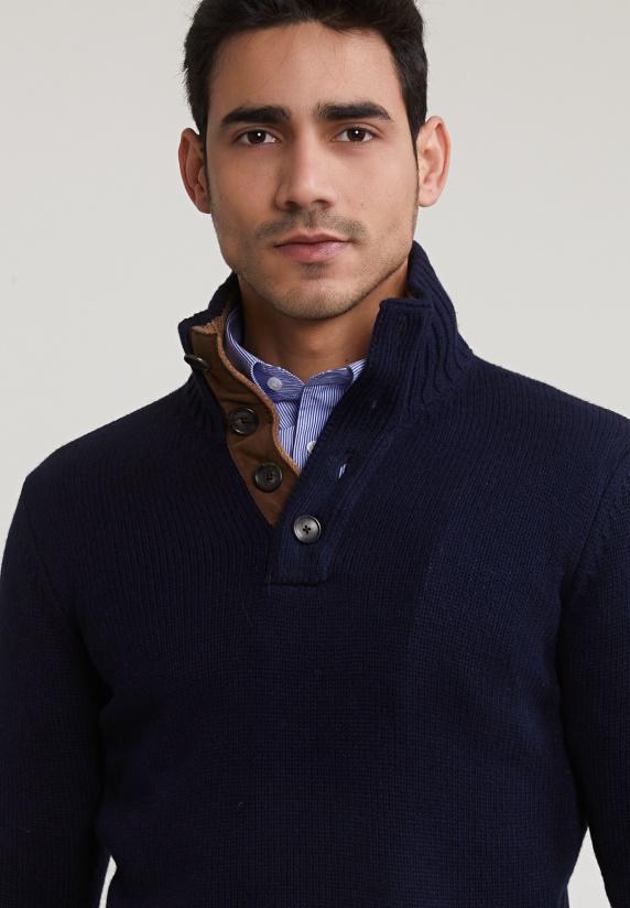 River Woods Custom Fit Wol-kasjmier Trui Opstaande Kraag Navy