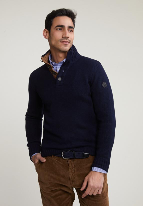 river woods Custom fit wol-kasjmier trui opstaande kraag navy