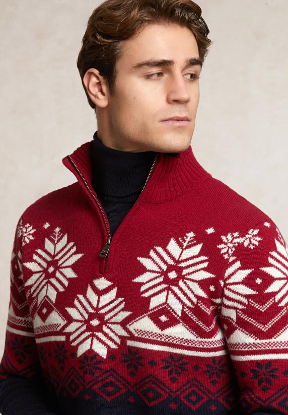 River Woods Custom Fit Wollen Fantasietrui Halve Rits Blauw/rood