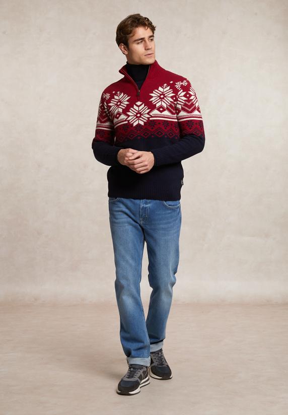 River Woods Custom Fit Wollen Fantasietrui Halve Rits Blauw/rood