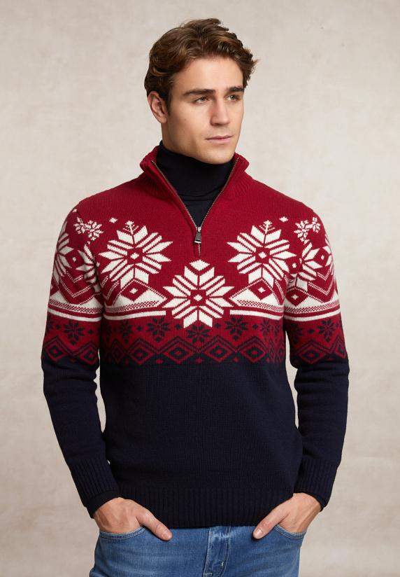 river woods Custom fit wollen fantasietrui halve rits blauw/rood