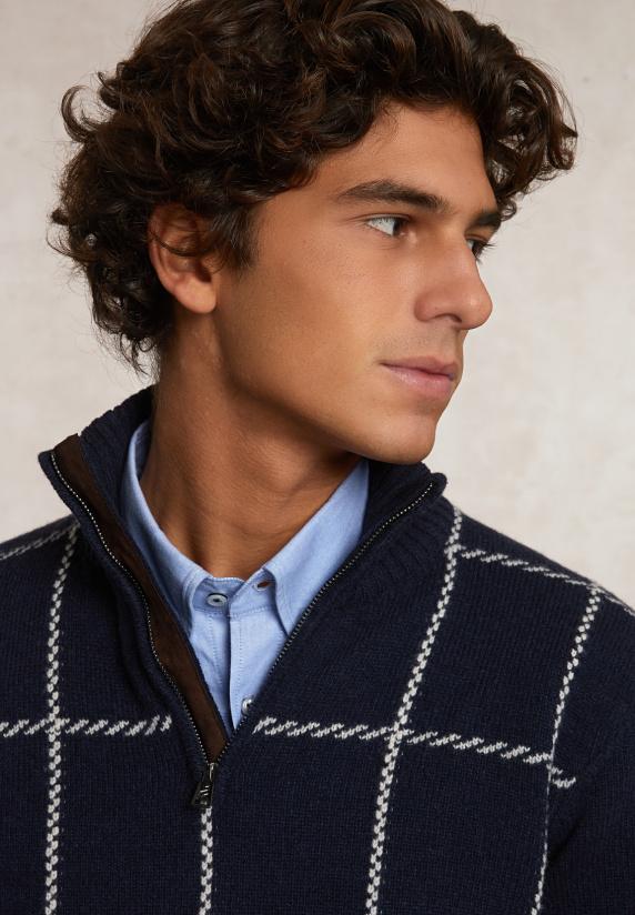 River Woods Custom Fit Zuivere Scheerwol Geruite Trui Opstaande Kraag Moonlight Mix