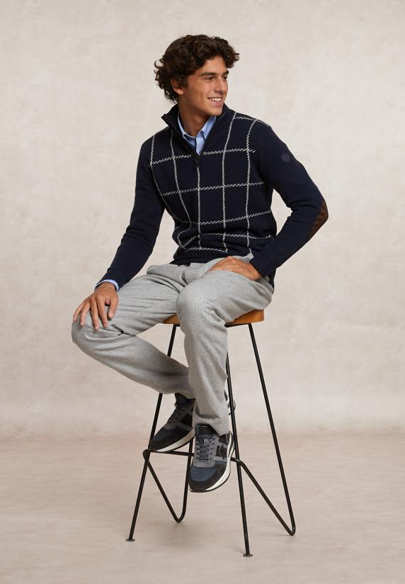 River Woods Custom Fit Zuivere Scheerwol Geruite Trui Opstaande Kraag Moonlight Mix