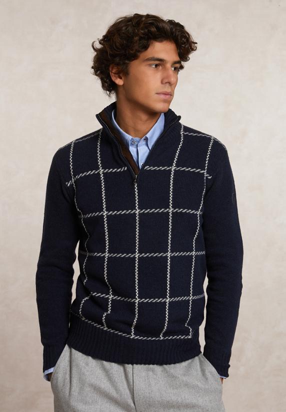 river woods Custom fit zuivere scheerwol geruite trui opstaande kraag moonlight mix