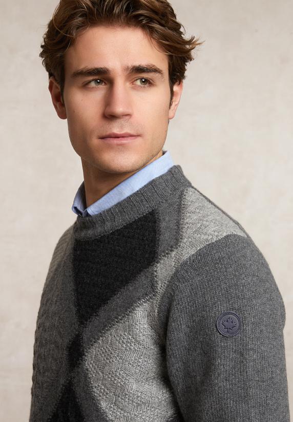 River Woods Custom Fit Zuivere Scheerwol Geruite Trui Ronde Hals Dk Grey Mix