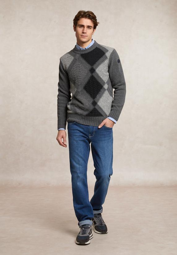 River Woods Custom Fit Zuivere Scheerwol Geruite Trui Ronde Hals Dk Grey Mix