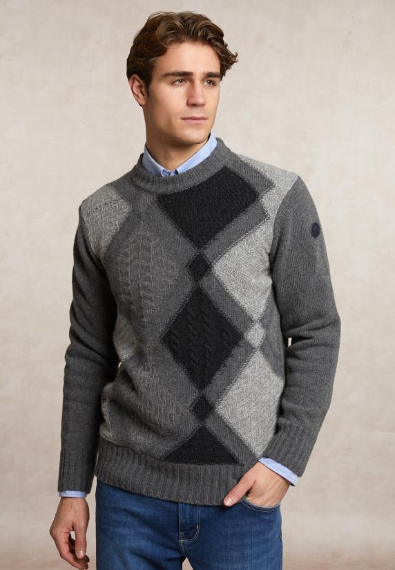 river woods Custom fit zuivere scheerwol geruite trui ronde hals dk grey mix