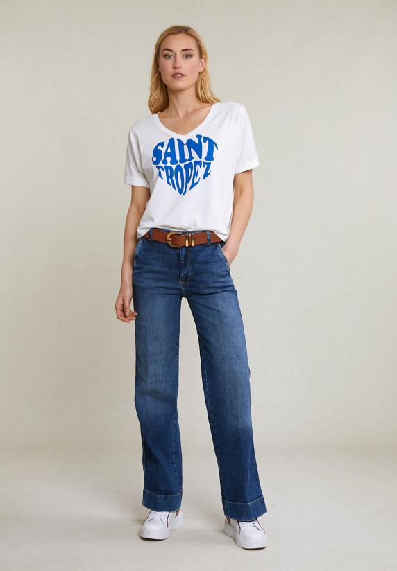 River Woods Ecru/blauwe Fantasie T-shirt Korte Mouwen