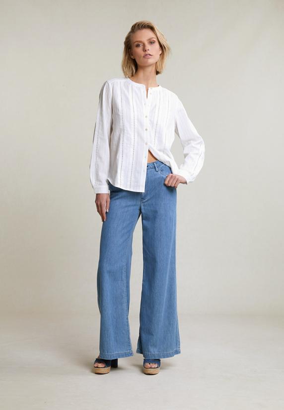 River Woods Ecru Geknoopte Geborduurde Blouse Lange Mouwen