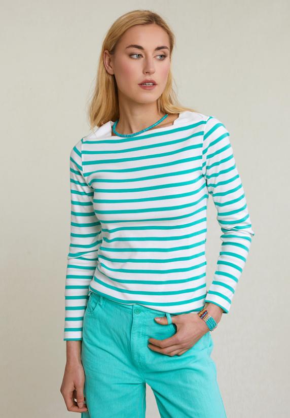 River Woods Ecru/groen Gestreepte T-shirt Lange Mouwen