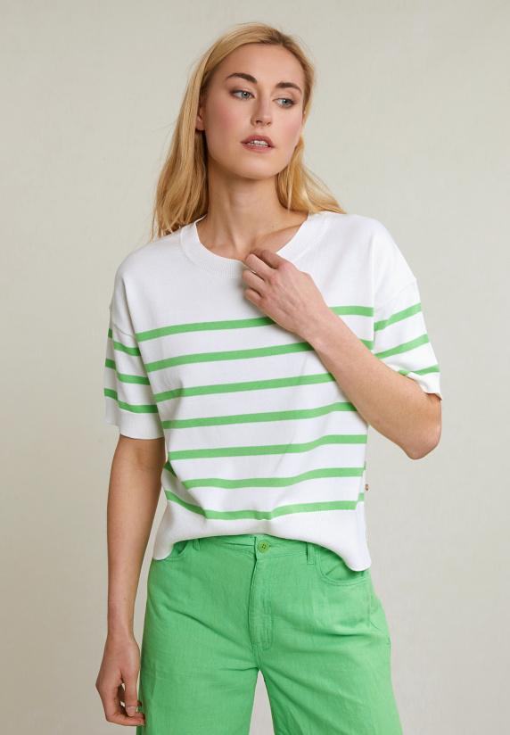 river woods Ecru/groen gestreepte trui korte mouwen