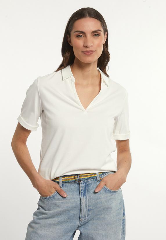 river woods Effen V-hals polo T-shirt korte mouwen écru