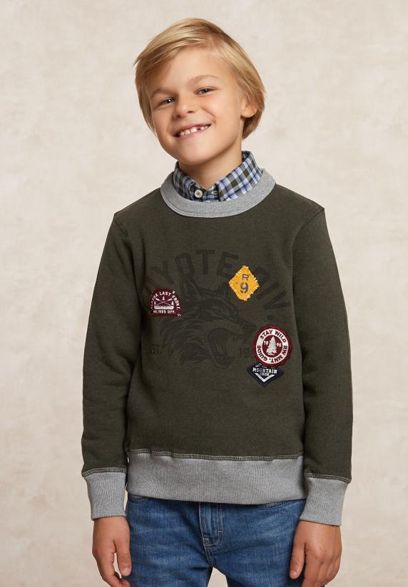 river woods Fantasie fleecetrui ronde hals olive mix