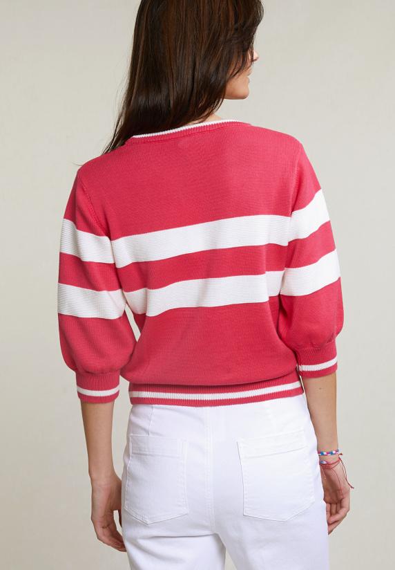 River Woods Fuchsia/wit Gestreepte Trui Ronde Hals 3/4 Mouwen