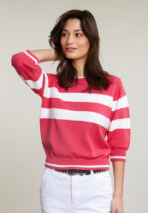 river woods Fuchsia/wit gestreepte trui ronde hals 3/4 mouwen