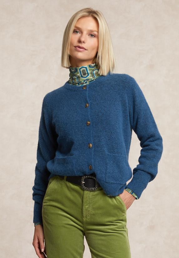 river woods Geknoopte cardigan ronde hals opgestikte zakken blauw