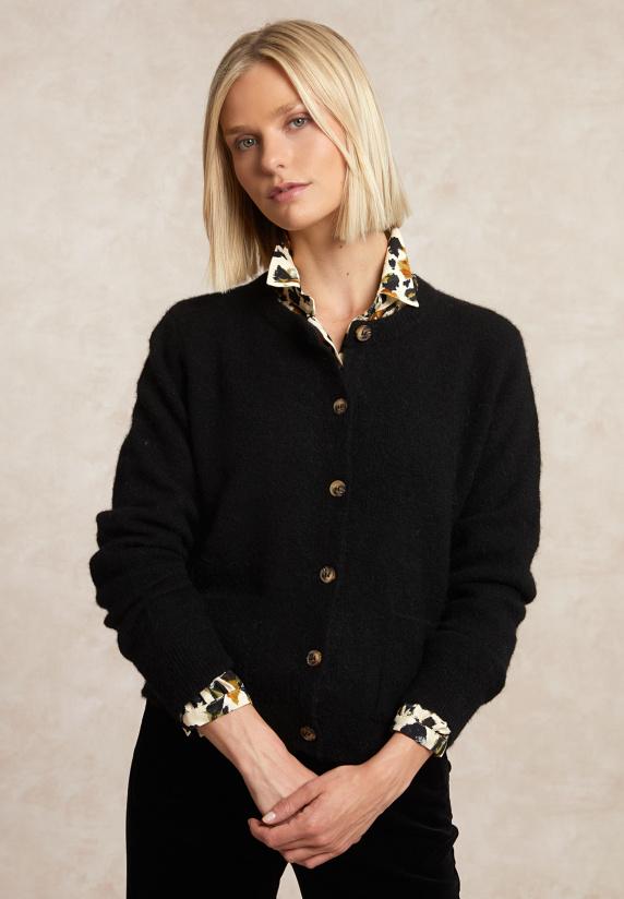 river woods Geknoopte cardigan ronde hals opgestikte zakken zwart