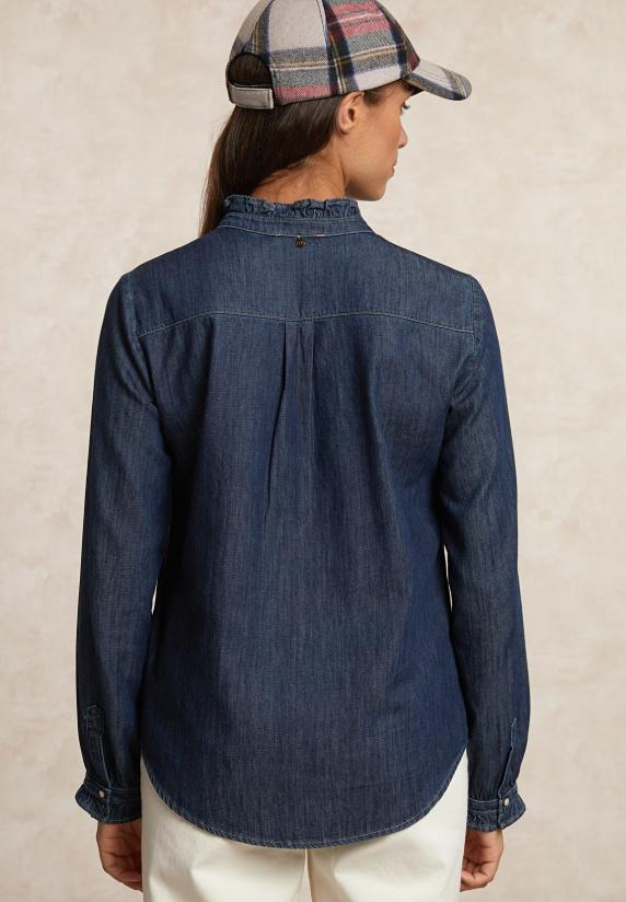 River Woods Geknoopte Denim Blouse Ruches Kraag Blauw