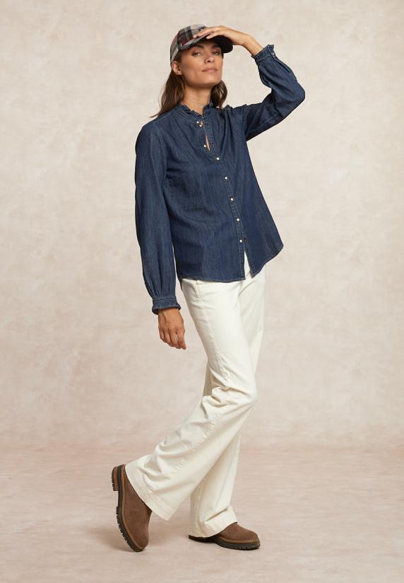 River Woods Geknoopte Denim Blouse Ruches Kraag Blauw