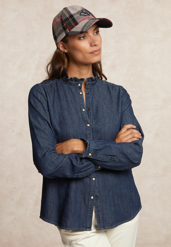 river woods Geknoopte denim blouse ruches kraag blauw