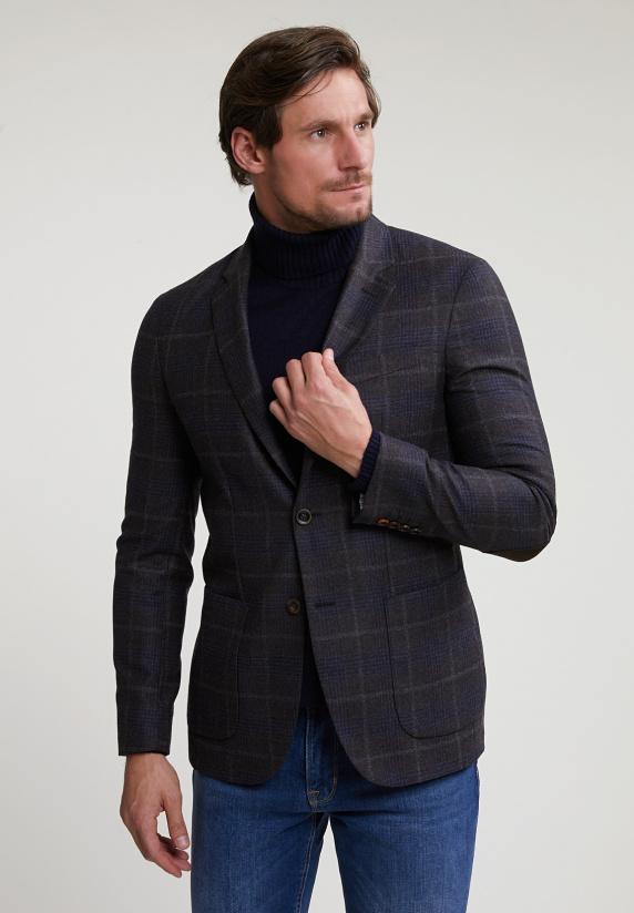 river woods Geruite zuivere scheerwol-kasjmier blazer bruin/blauw