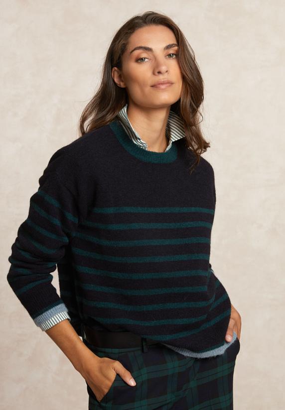 river woods Gestreepte alpaca-wol trui ronde hals navy/groen