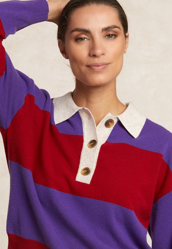 River Woods Gestreepte Merinotrui Polokraag Paars/rood