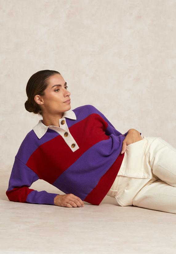 River Woods Gestreepte Merinotrui Polokraag Paars/rood