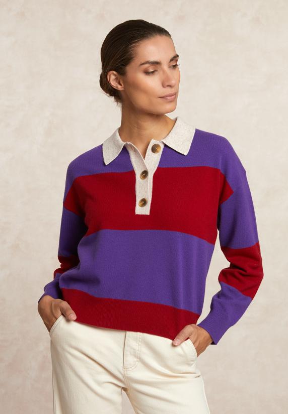 river woods Gestreepte merinotrui polokraag paars/rood