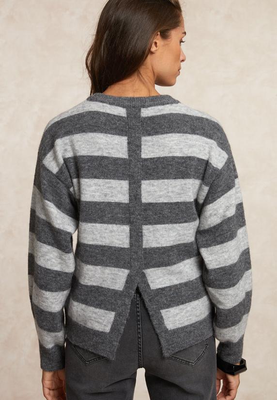 River Woods Gestreepte Trui Ronde Hals Rugsplit Grijs