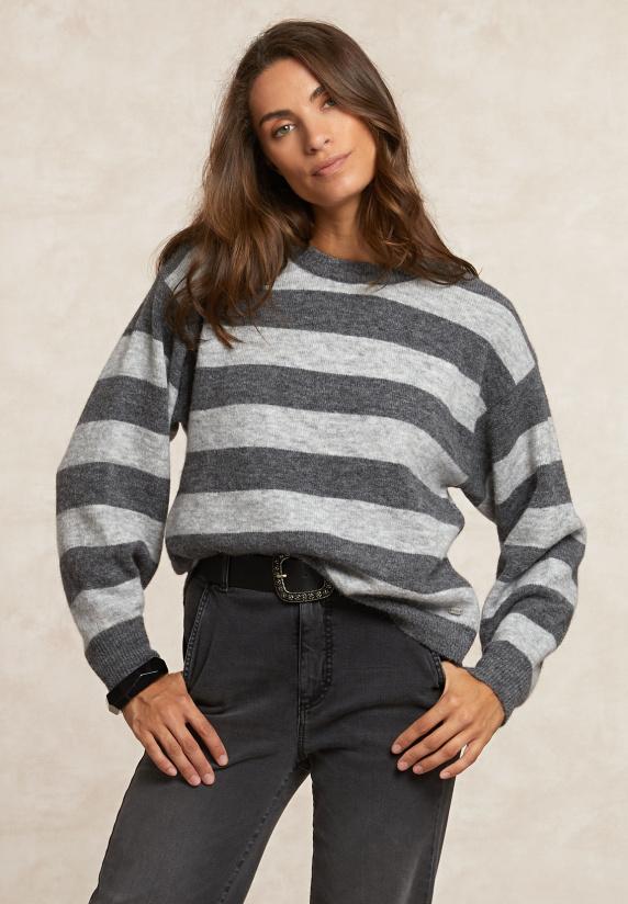 river woods Gestreepte trui ronde hals rugsplit grijs