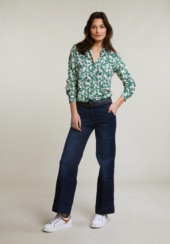 River Woods Groen/witte Viscose Fantasie Blouse Lange Mouwen