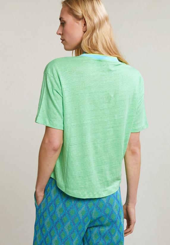 River Woods Groene Linnen V-hals T-shirt Korte Mouwen