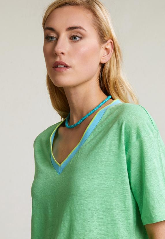 River Woods Groene Linnen V-hals T-shirt Korte Mouwen