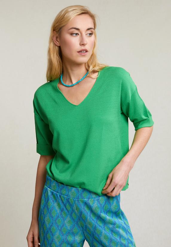 river woods Groene V-hals viscose trui korte mouwen