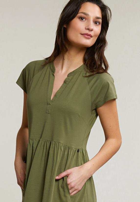 River Woods Kaki Wijdvallende Jerseyjurk Korte Mouwen