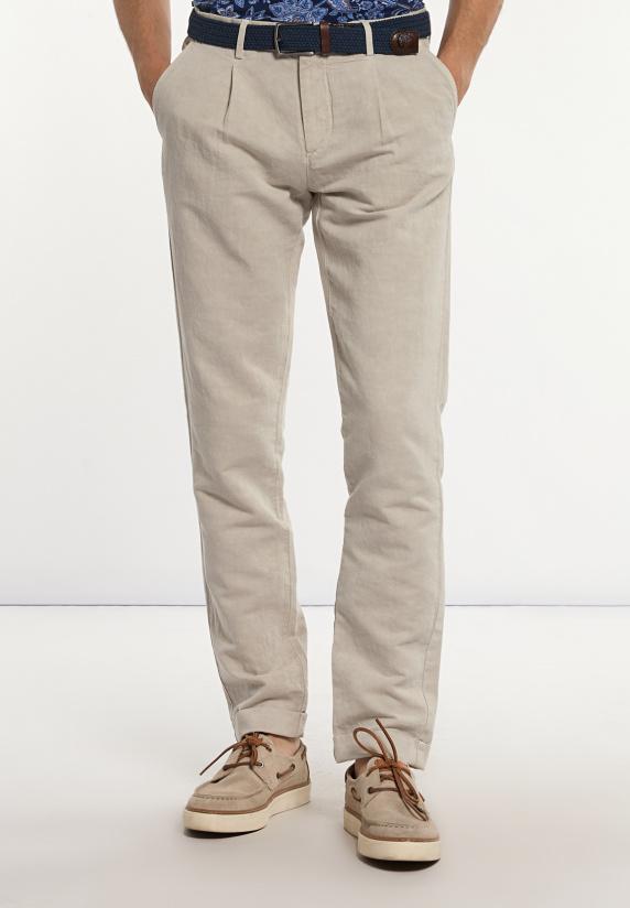 river woods Katoen-linnen chinobroek met plooien lt sand