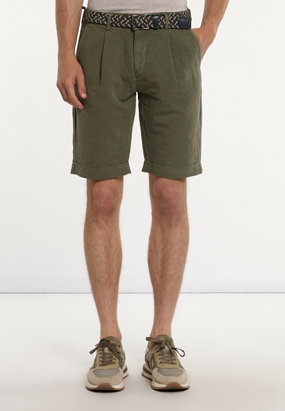 river woods Katoen-linnen chinoshort met plooien kaki