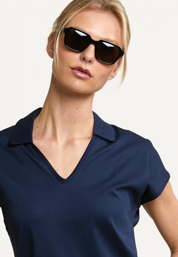 River Woods Katoene V-hals Polo T-shirt Korte Mouwen Navy