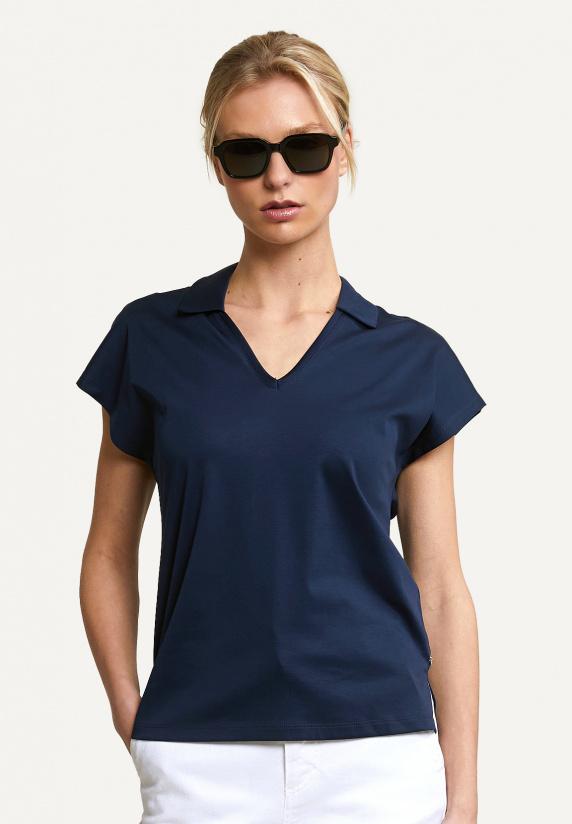 river woods Katoene V-hals polo T-shirt korte mouwen navy