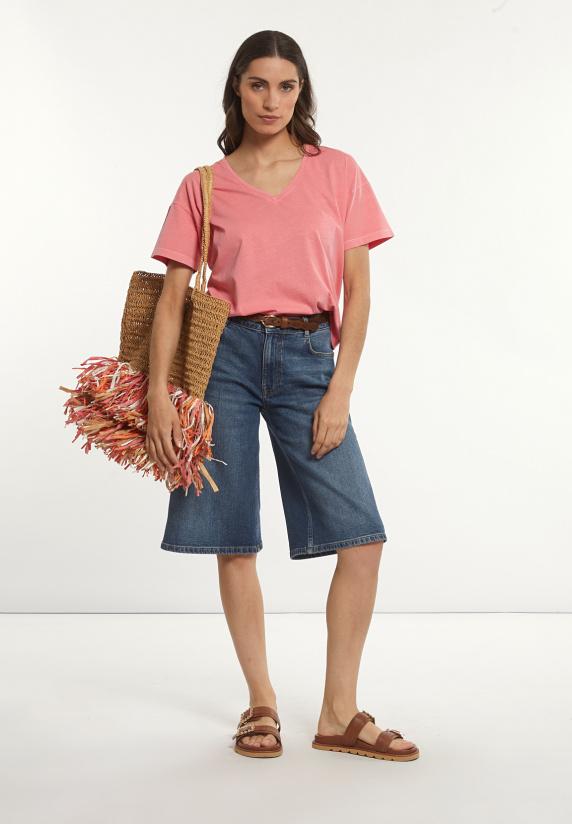 River Woods Katoenen Basic Wijde V-hals T-shirt Roze