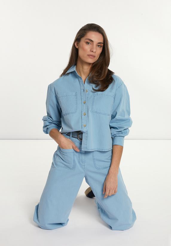 River Woods Katoenen Blouse Opgestikte Zakken Blauw